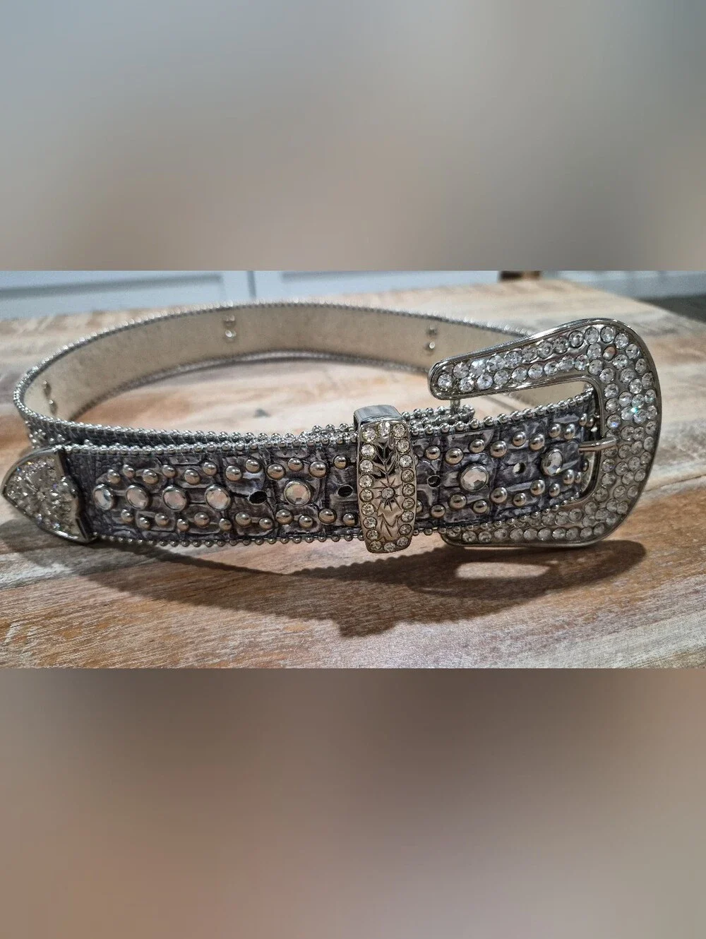 Y2K Vintage Leather Rhinestone Cross Belt - Silver Crystal Buckle S/M Western Co